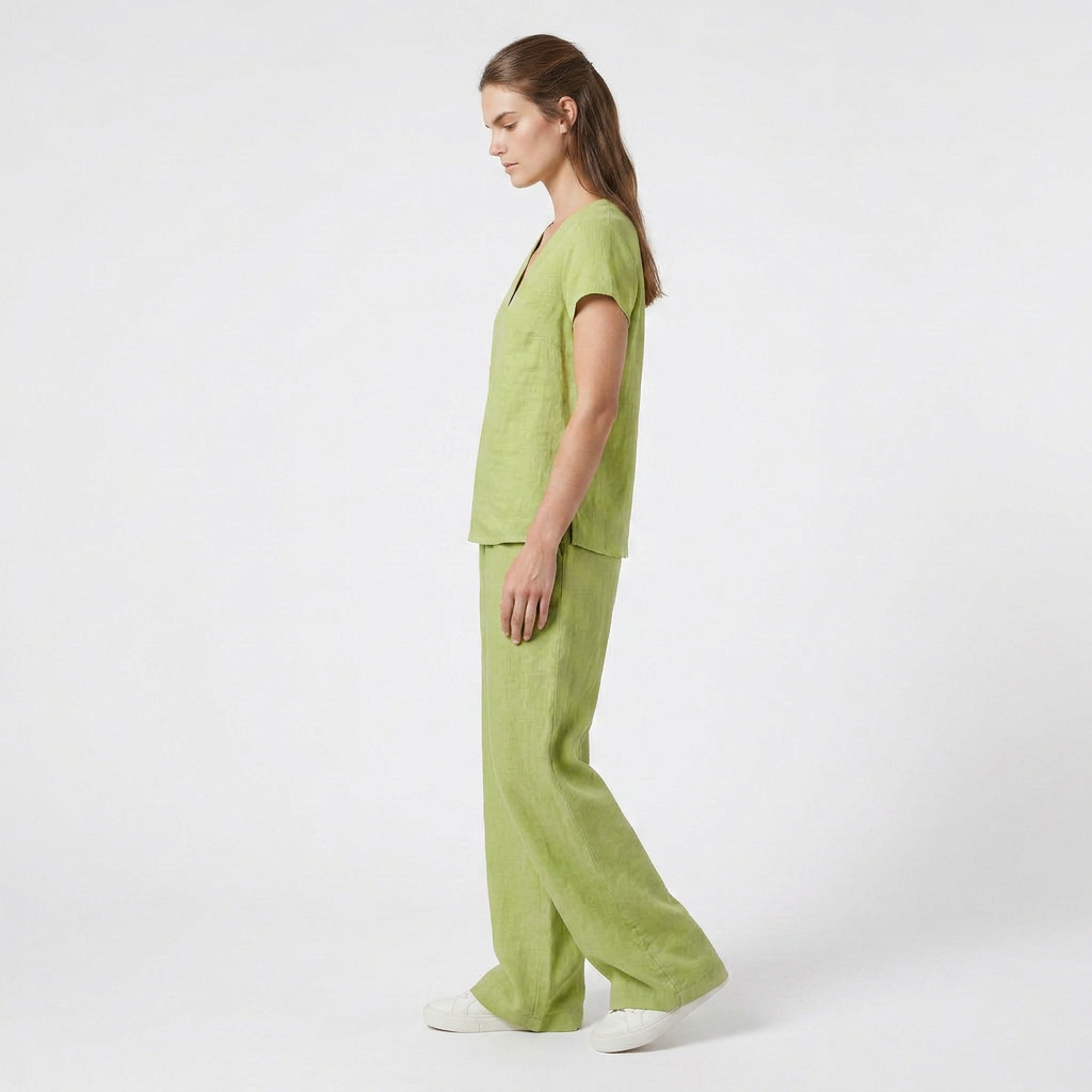 Ensemble Top Col V Pantalon Large Taille Haute pour Femme