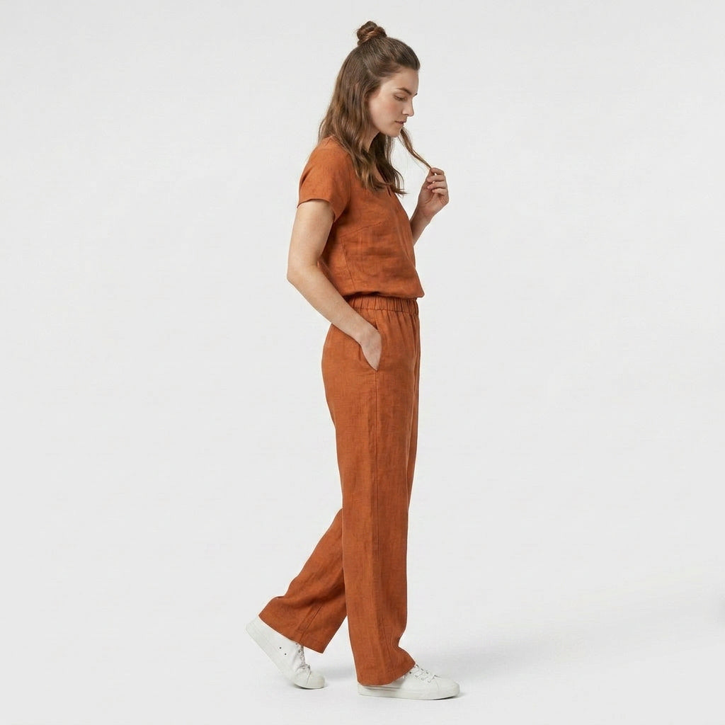 Ensemble Top Col V Pantalon Large Taille Haute pour Femme