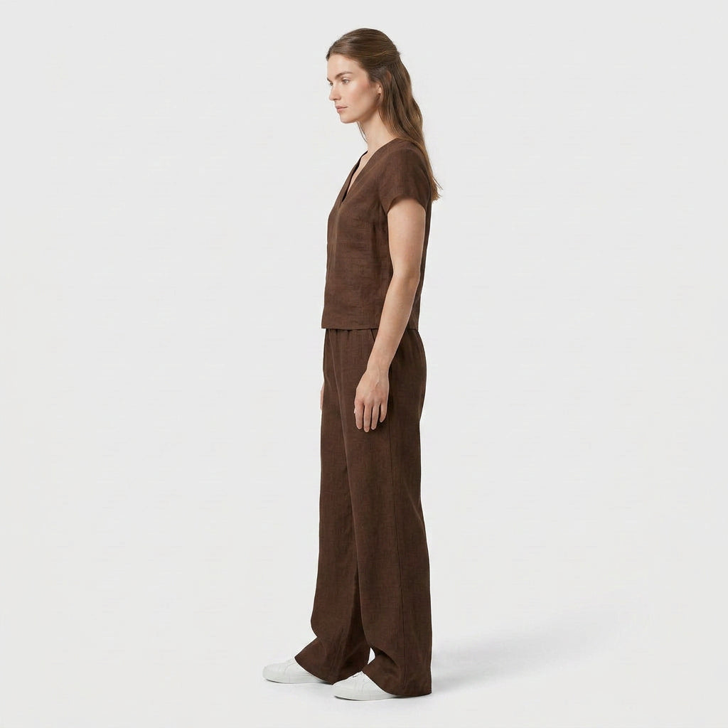 Ensemble Top Col V Pantalon Large Taille Haute pour Femme