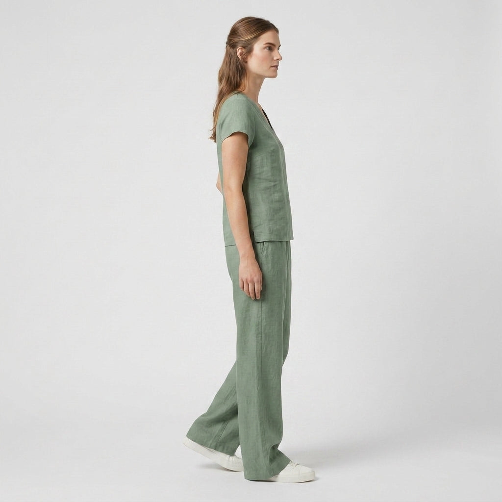 Ensemble Top Col V Pantalon Large Taille Haute pour Femme