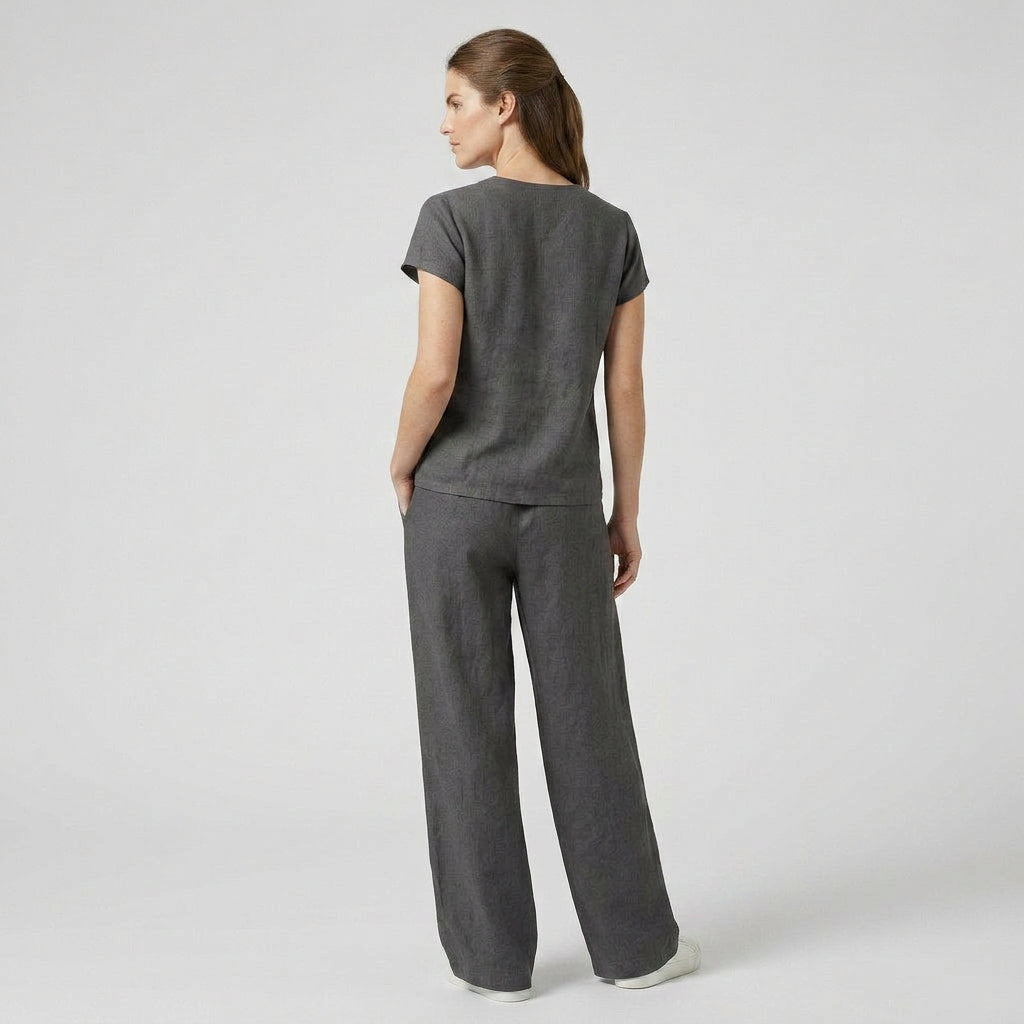 Ensemble Top Col V Pantalon Large Taille Haute pour Femme