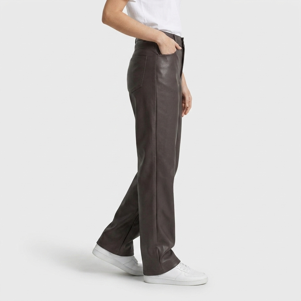 Pantalon Cuir Synthétique Taille Haute Coupe Ajustée pour Femme