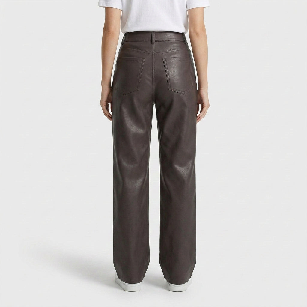 Pantalon Cuir Synthétique Taille Haute Coupe Ajustée pour Femme