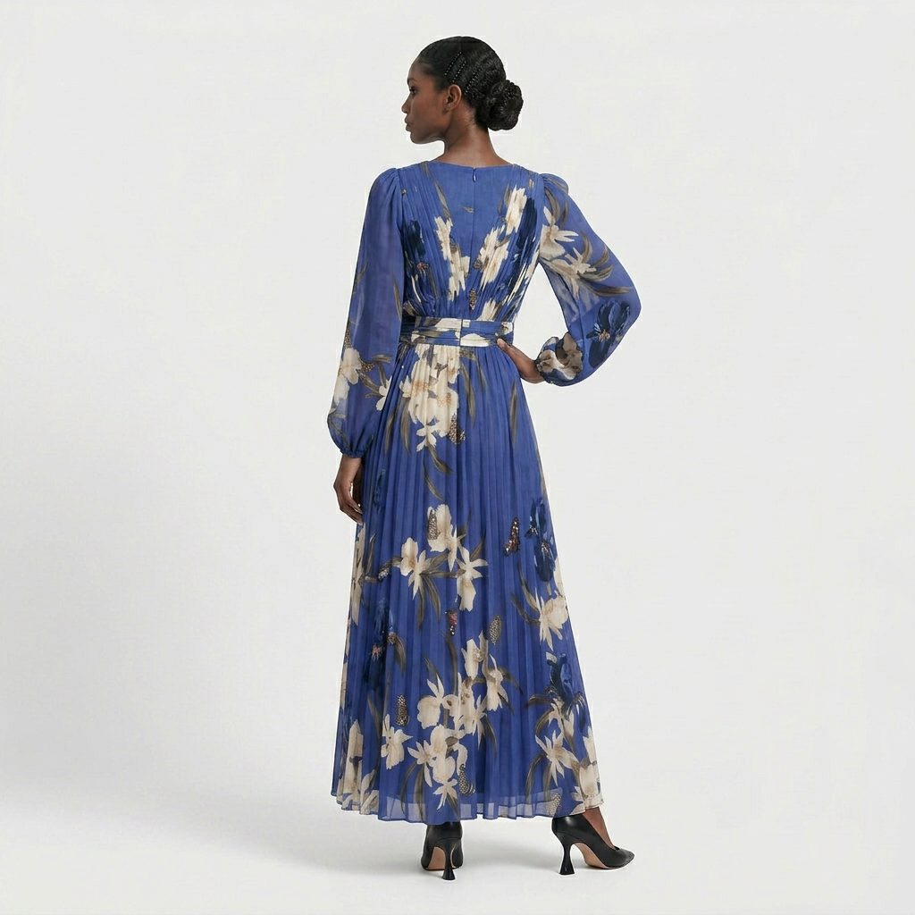 Robe Maxi Imprimée Manches Longues Coupe Fluide pour Femme