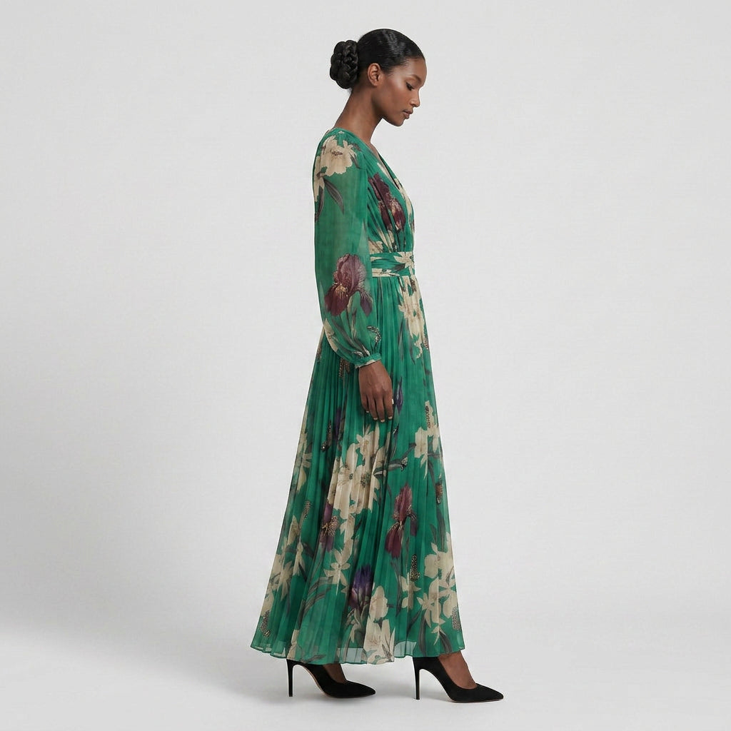 Robe Maxi Imprimée Manches Longues Coupe Fluide pour Femme
