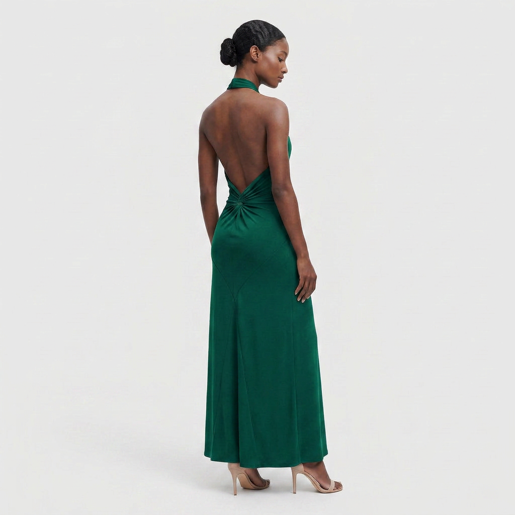 Robe Maxi Col Halter Drapé Élégant Pour Femme