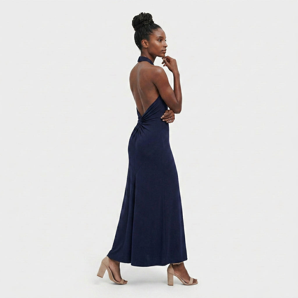 Robe Maxi Col Halter Drapé Élégant Pour Femme