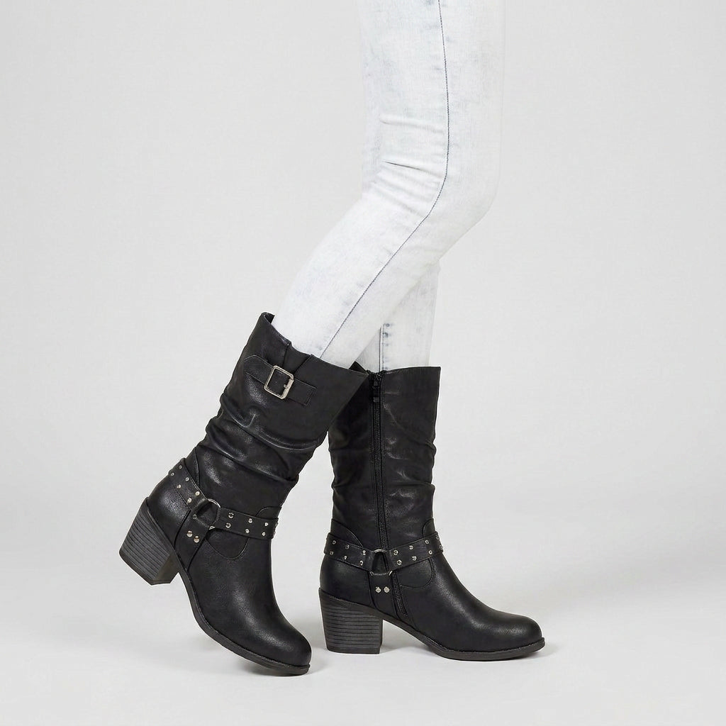 Bottes Motardes à Mi-Mollet à Brides Cloutées pour Femme