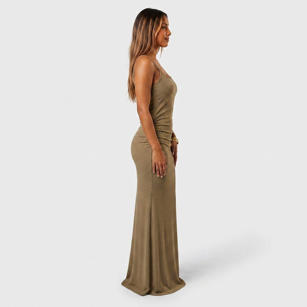 Robe Maxi Jersey Côtelé Bretelles Fines Froncée Évasée Pour Femme