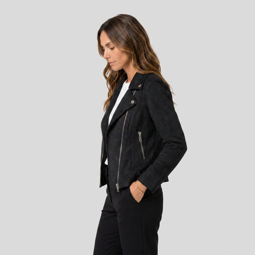 Veste Perfecto à Aspect Daim et Zip Asymétrique pour Femme