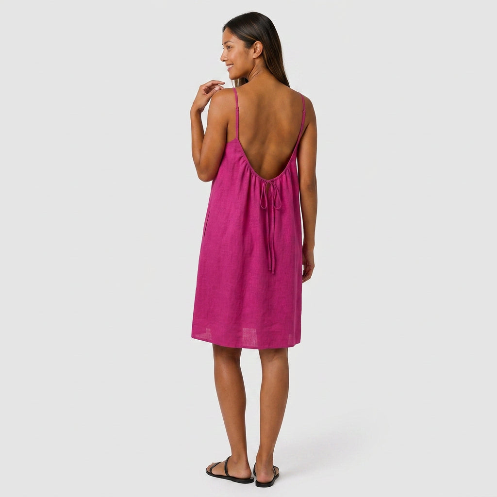 Robe Courte Lin Bretelles Fines Dos Nu Lacet Pour Femme