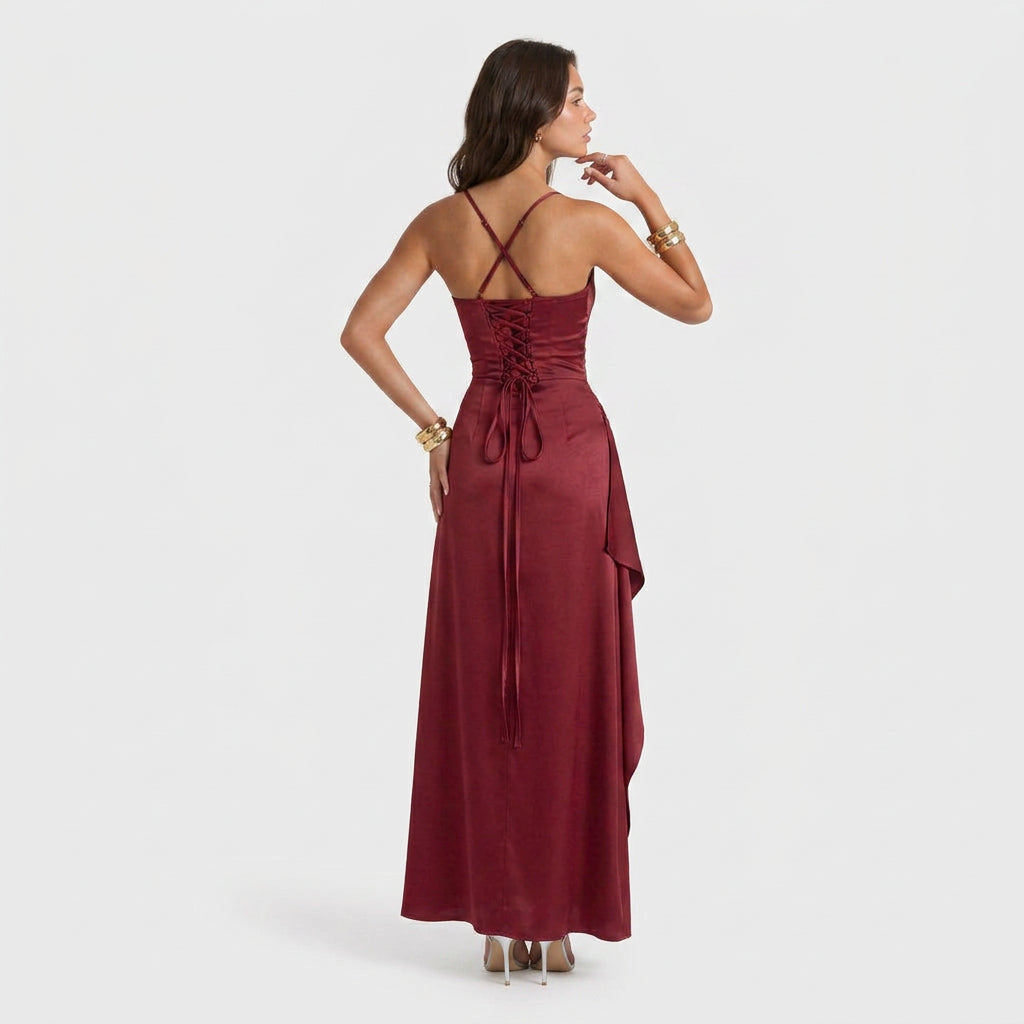 Robe de Soirée Longue en Satin à Fente Volantée pour Femme