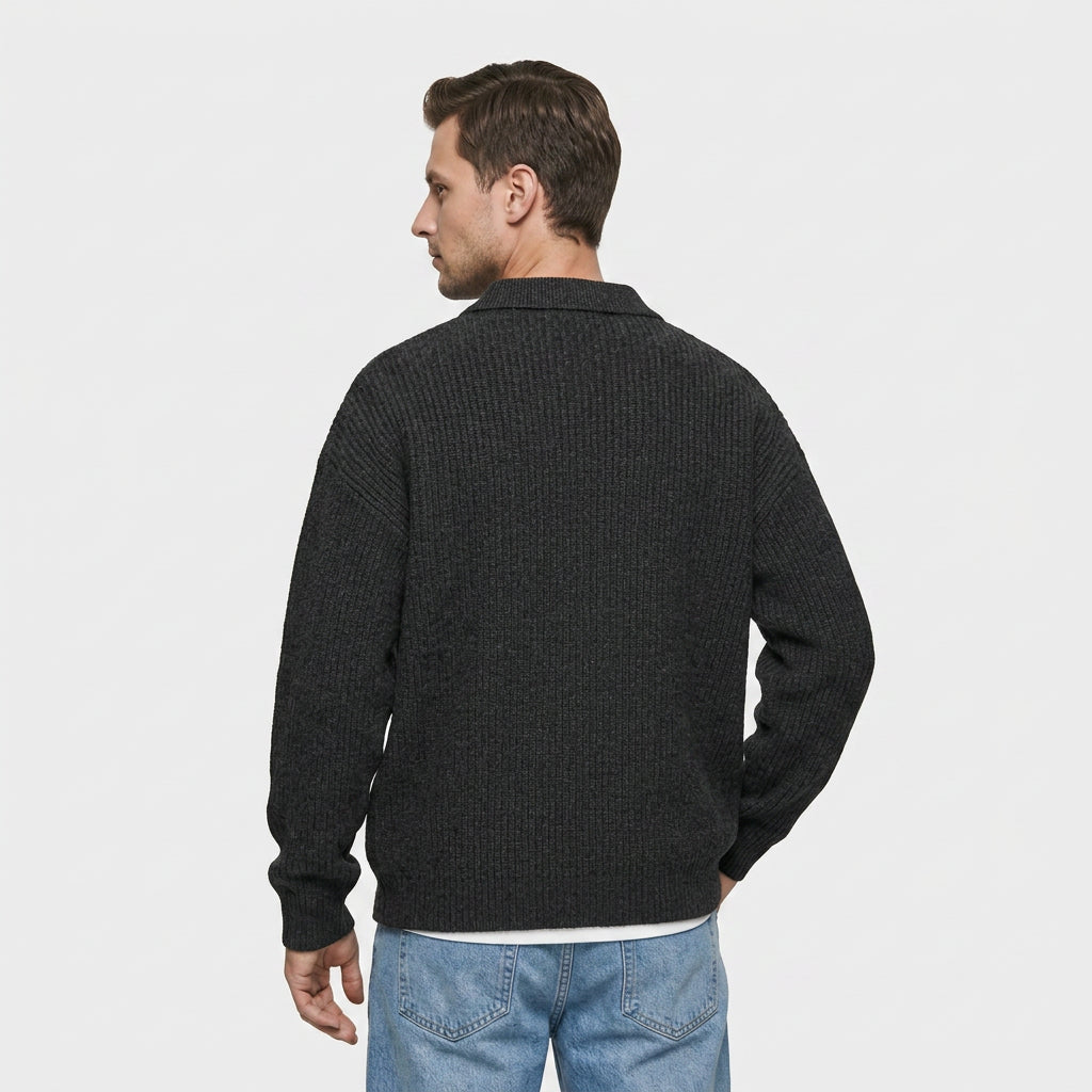 Pull Oversize à Col Polo Zippé en Maille Côtelée pour Homme