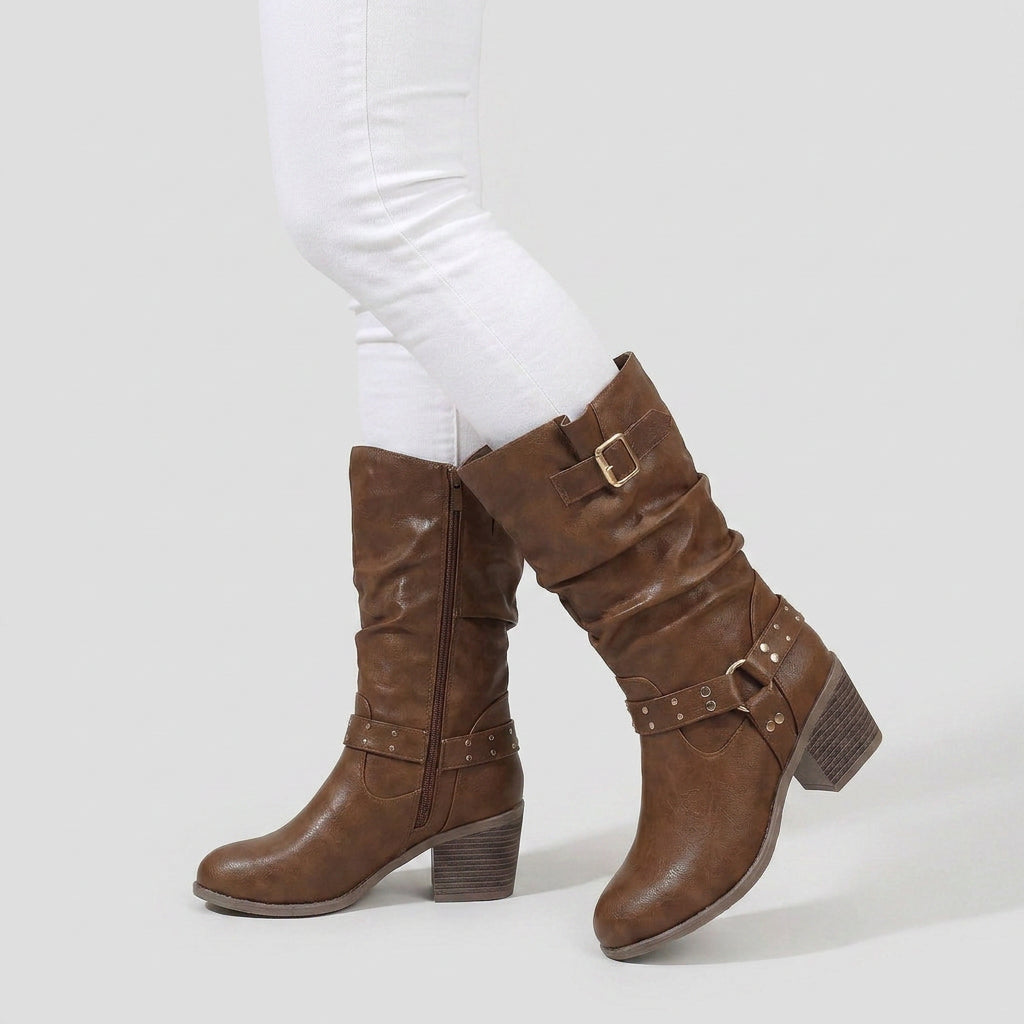 Bottes Motardes à Mi-Mollet à Brides Cloutées pour Femme