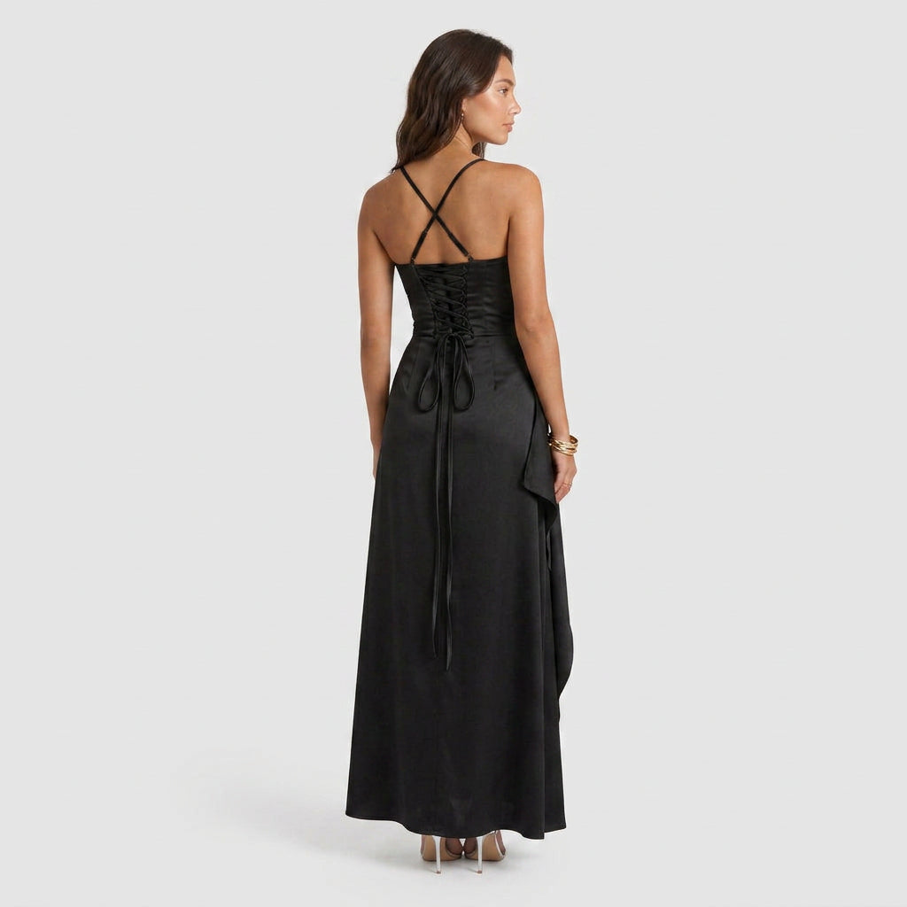 Robe de Soirée Longue en Satin à Fente Volantée pour Femme