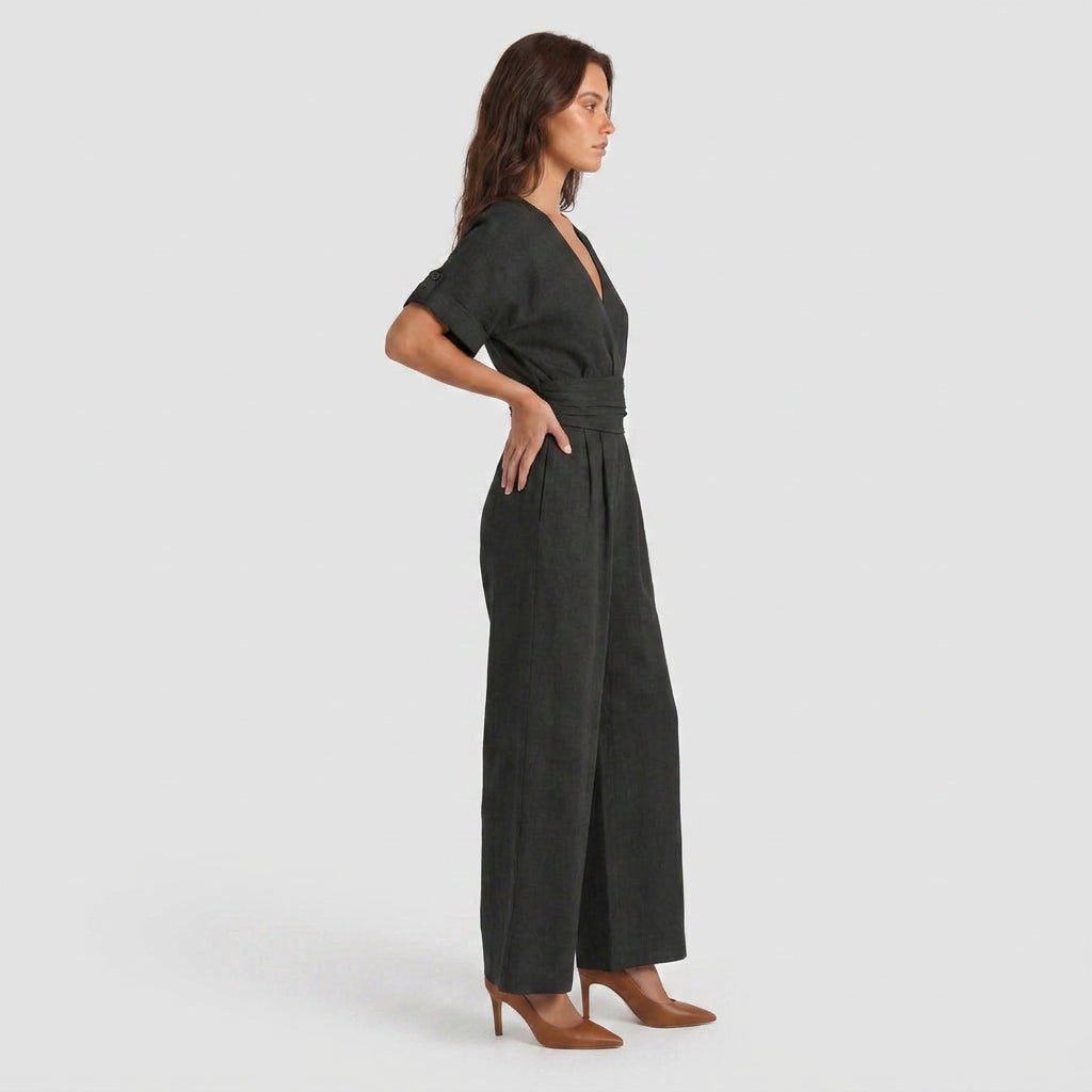 Combinaison Longue à Aspect Lin et Taille Nouée pour Femme