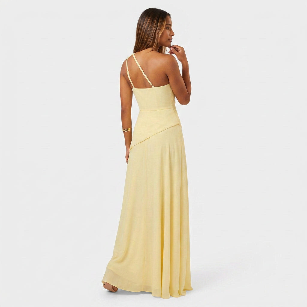 Robe Maxi Mousseline Une Épaule Drapée Évasée Pour Femme