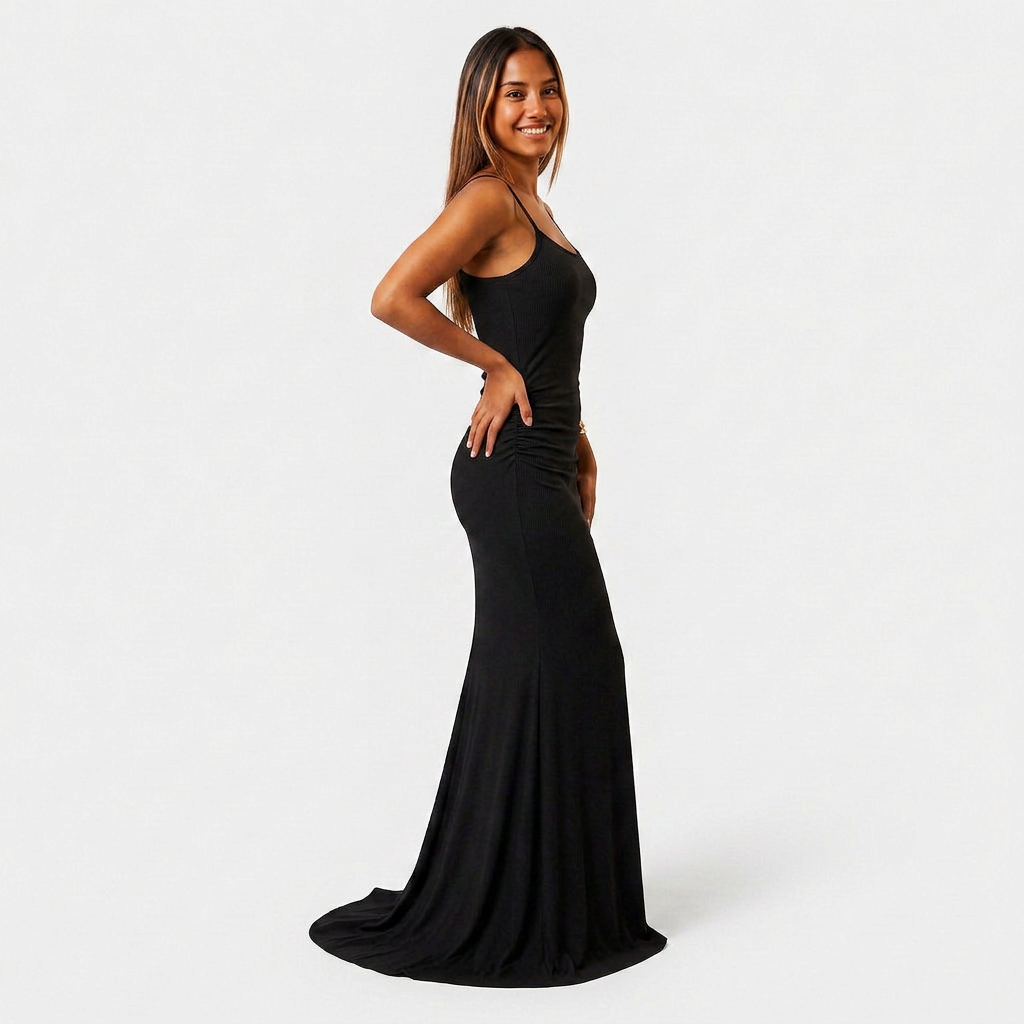 Robe Maxi Jersey Côtelé Bretelles Fines Froncée Évasée Pour Femme