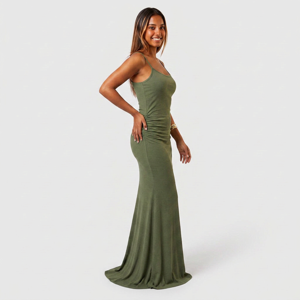 Robe Maxi Jersey Côtelé Bretelles Fines Froncée Évasée Pour Femme