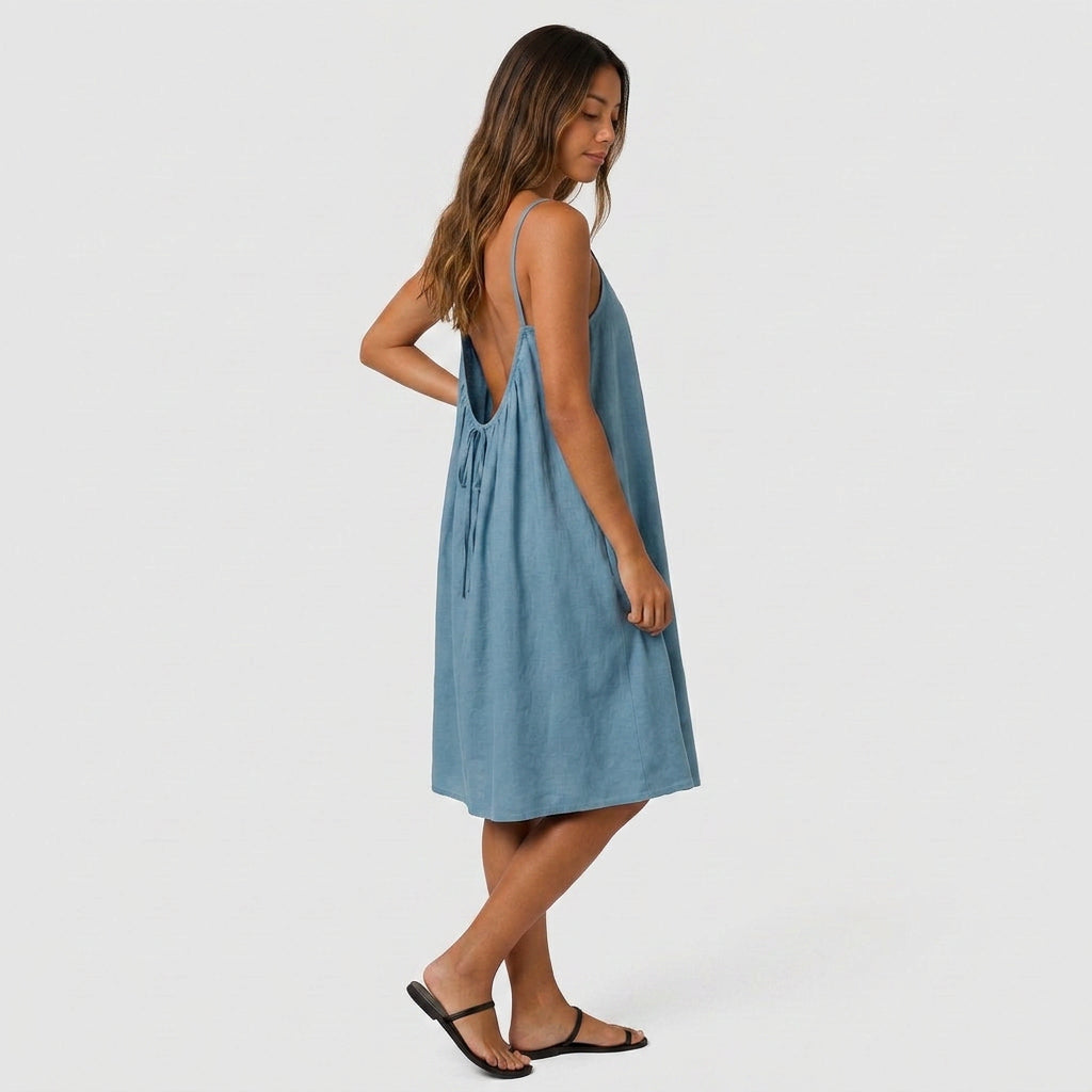 Robe Courte Lin Bretelles Fines Dos Nu Lacet Pour Femme