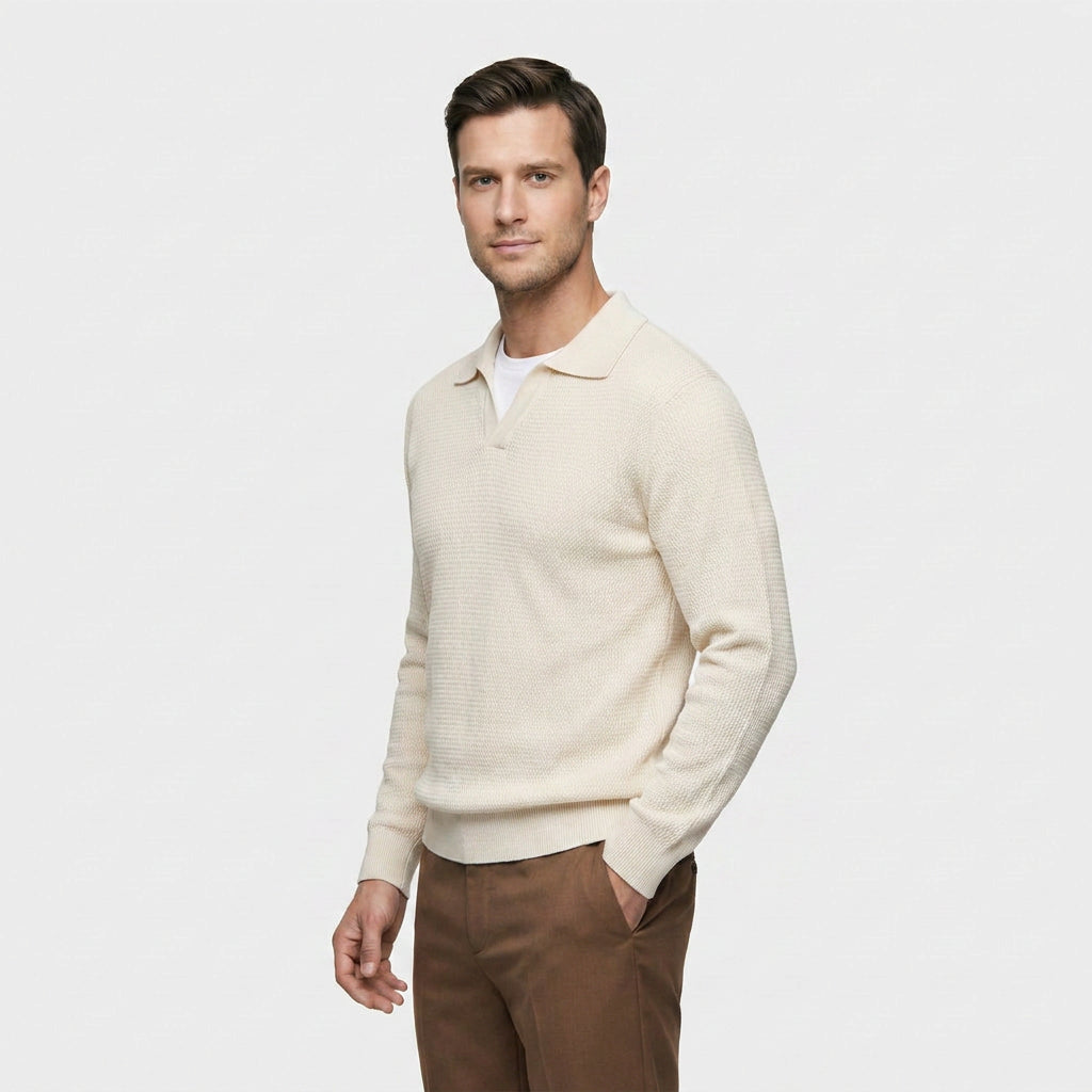Pull Polo en Maille Texturée à Col Ouvert pour Homme
