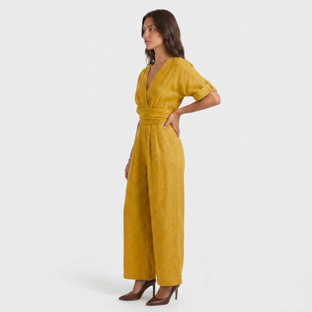 Combinaison Longue à Aspect Lin et Taille Nouée pour Femme