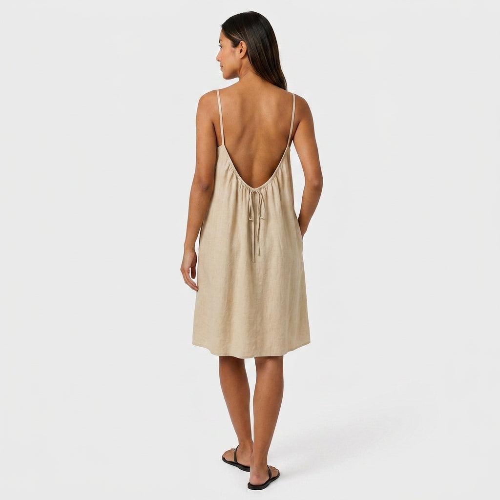Robe Courte Lin Bretelles Fines Dos Nu Lacet Pour Femme
