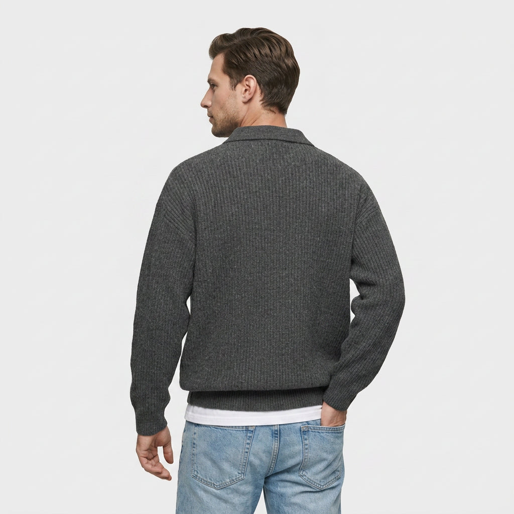 Pull Oversize à Col Polo Zippé en Maille Côtelée pour Homme