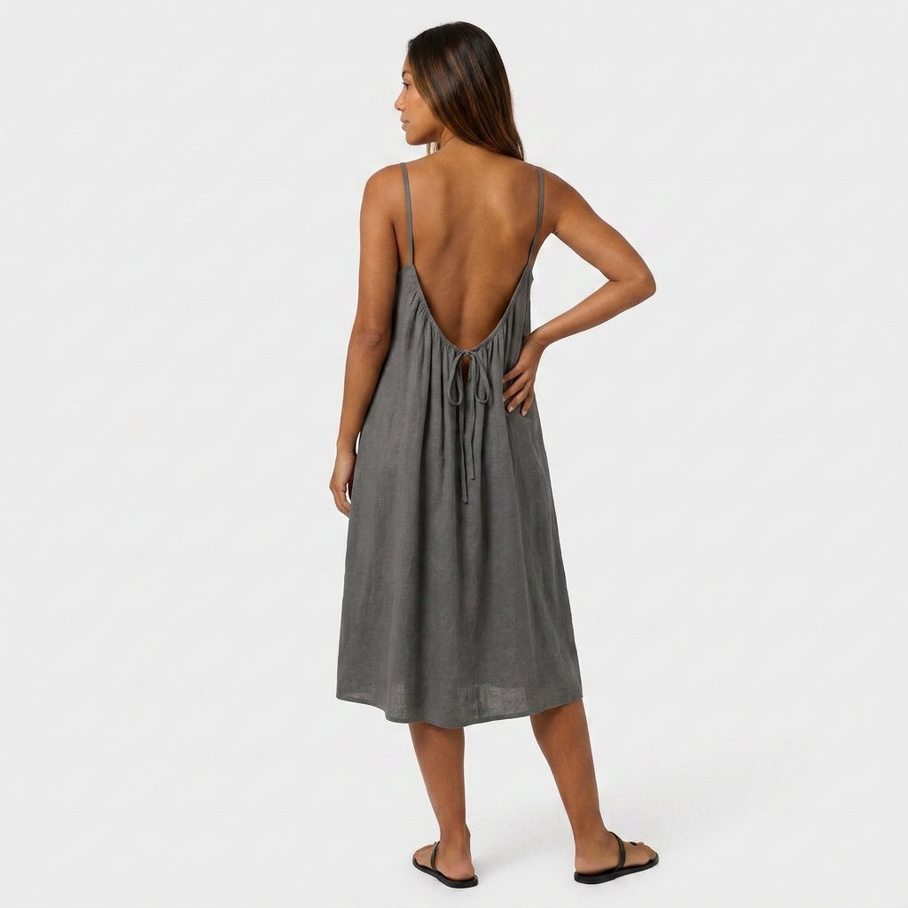 Robe Courte Lin Bretelles Fines Dos Nu Lacet Pour Femme
