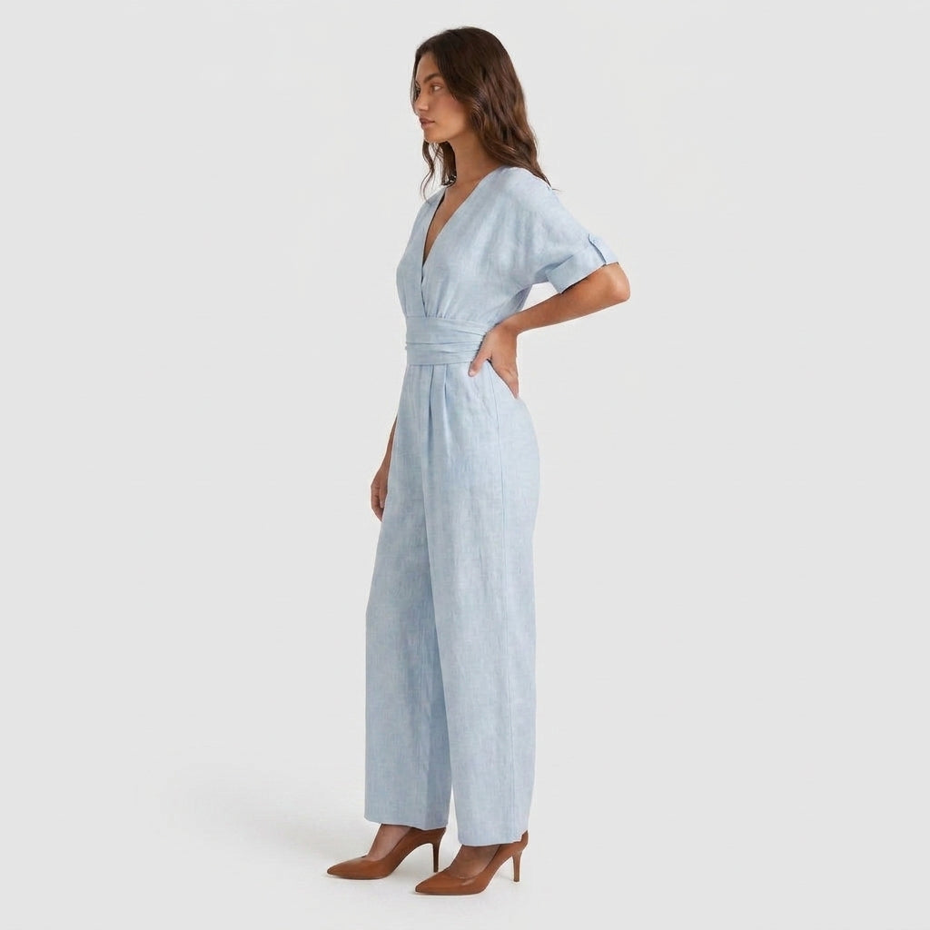 Combinaison Longue à Aspect Lin et Taille Nouée pour Femme