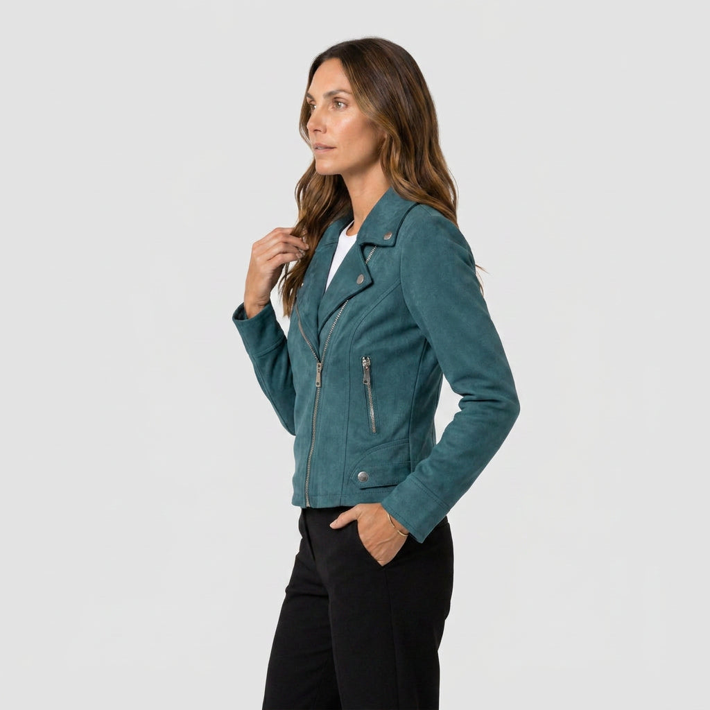 Veste Perfecto à Aspect Daim et Zip Asymétrique pour Femme