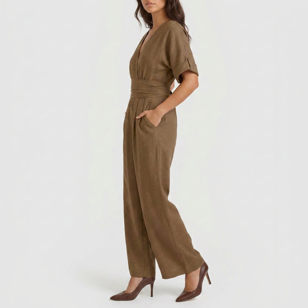 Combinaison Longue à Aspect Lin et Taille Nouée pour Femme