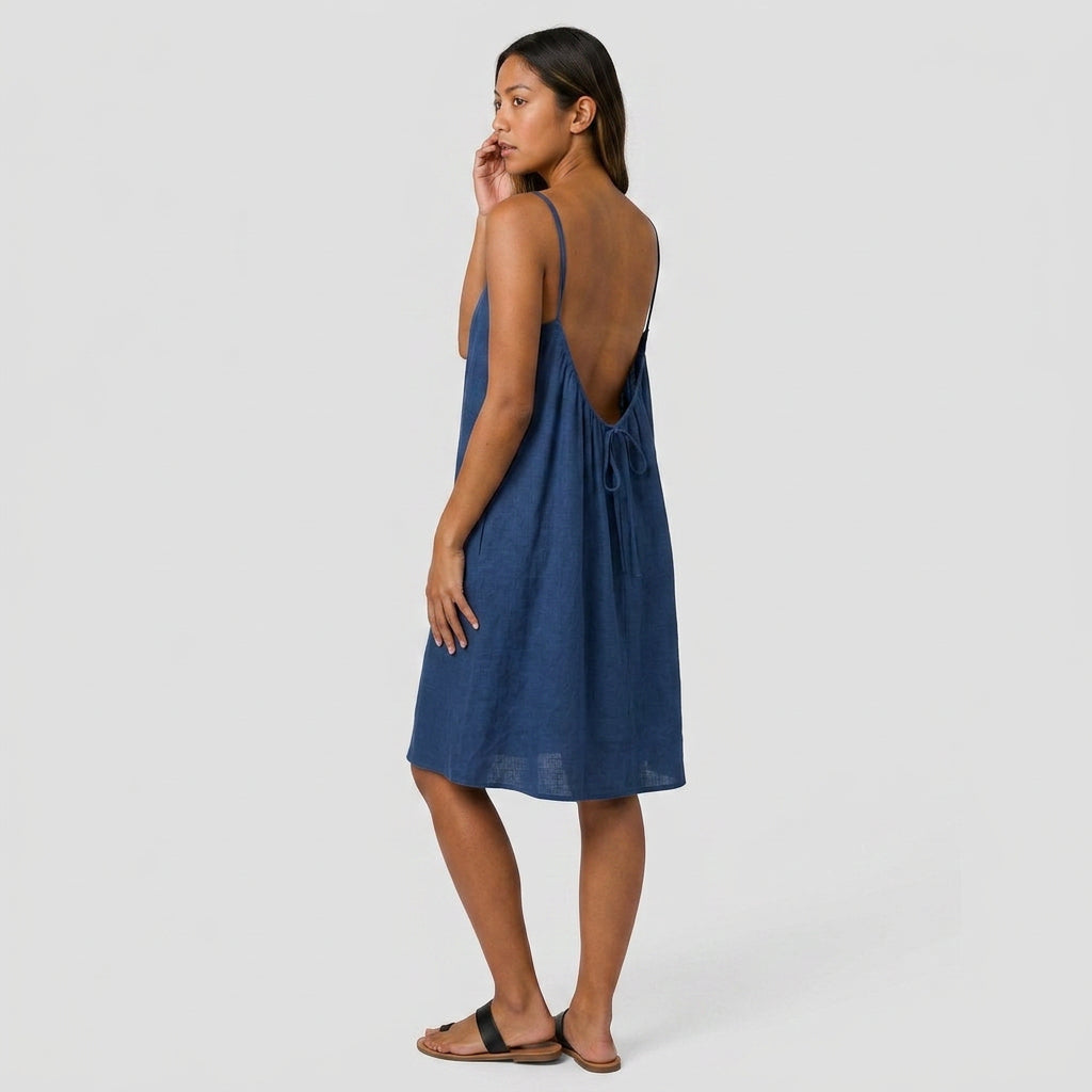 Robe Courte Lin Bretelles Fines Dos Nu Lacet Pour Femme