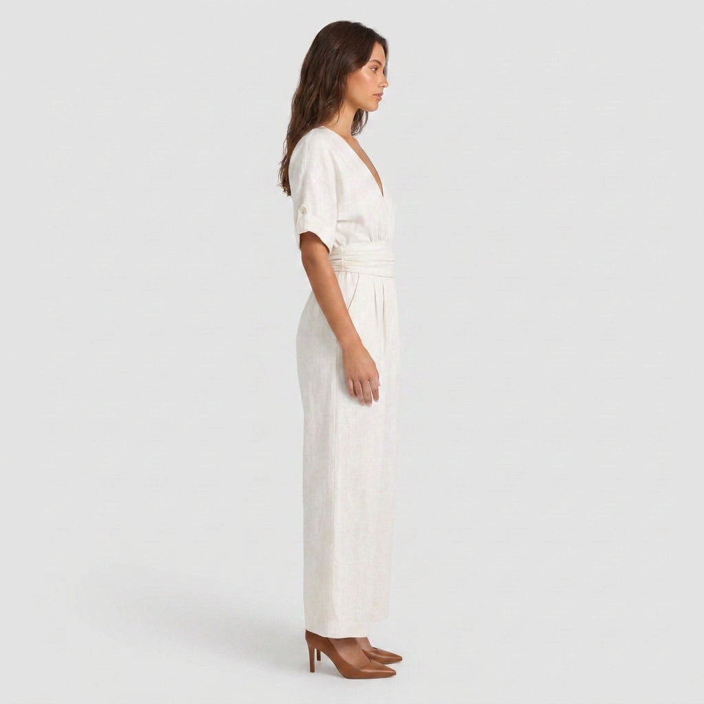 Combinaison Longue à Aspect Lin et Taille Nouée pour Femme