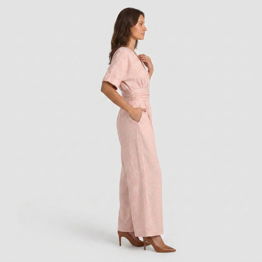 Combinaison Longue à Aspect Lin et Taille Nouée pour Femme