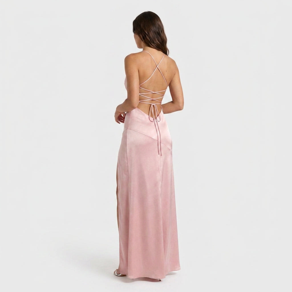 Robe de Soirée Longue en Satin à Fente pour Femme