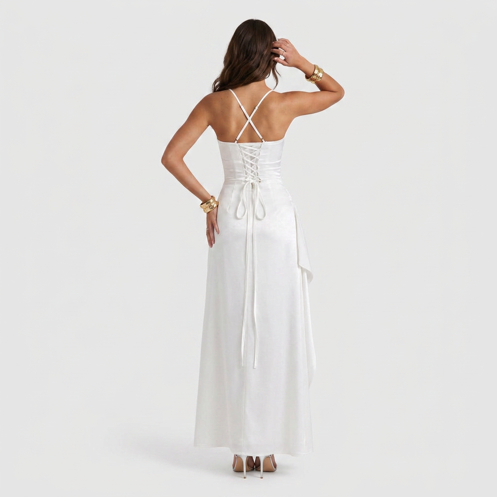 Robe de Soirée Longue en Satin à Fente Volantée pour Femme