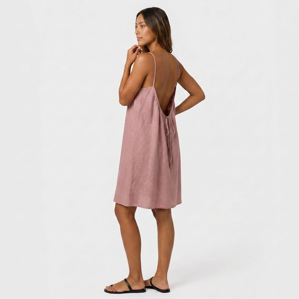 Robe Courte Lin Bretelles Fines Dos Nu Lacet Pour Femme