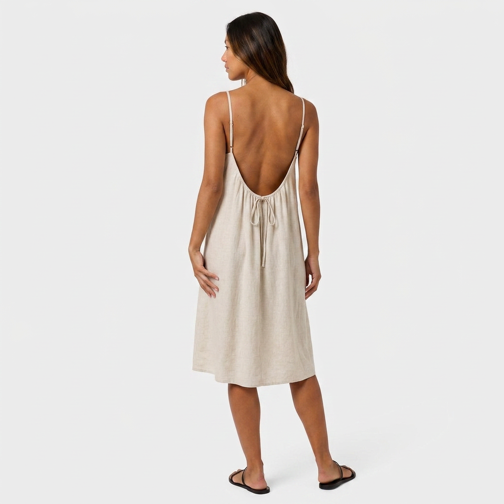 Robe Courte Lin Bretelles Fines Dos Nu Lacet Pour Femme