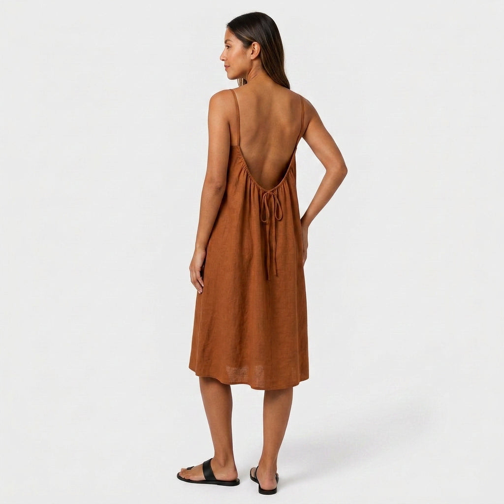 Robe Courte Lin Bretelles Fines Dos Nu Lacet Pour Femme