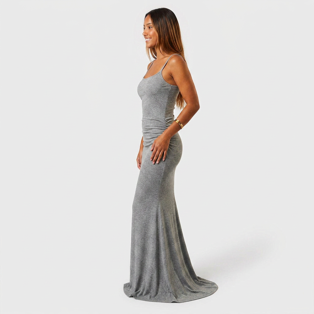 Robe Maxi Jersey Côtelé Bretelles Fines Froncée Évasée Pour Femme