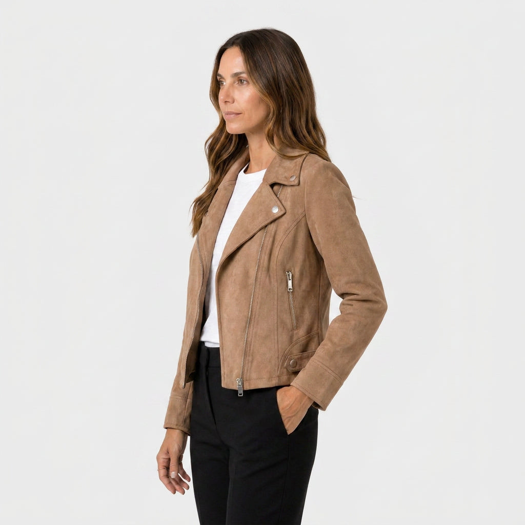 Veste Perfecto à Aspect Daim et Zip Asymétrique pour Femme