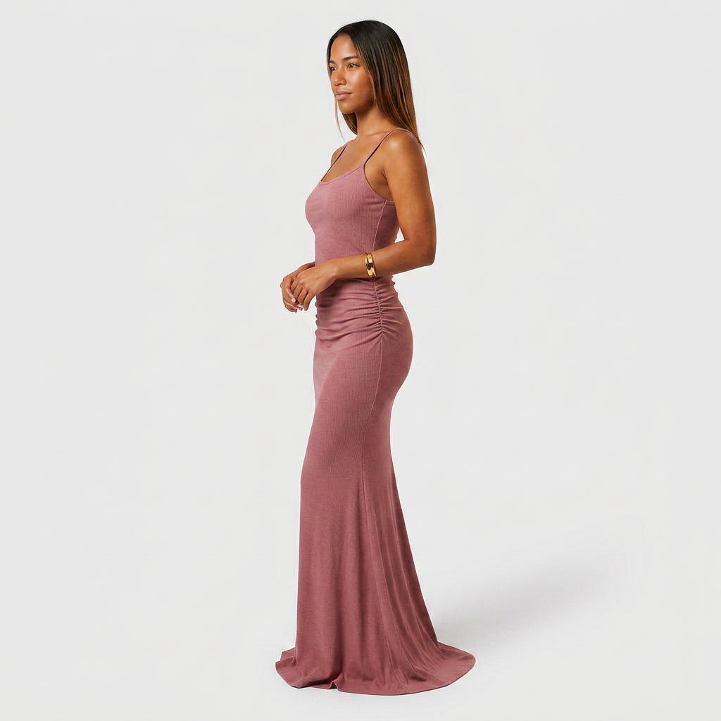 Robe Maxi Jersey Côtelé Bretelles Fines Froncée Évasée Pour Femme