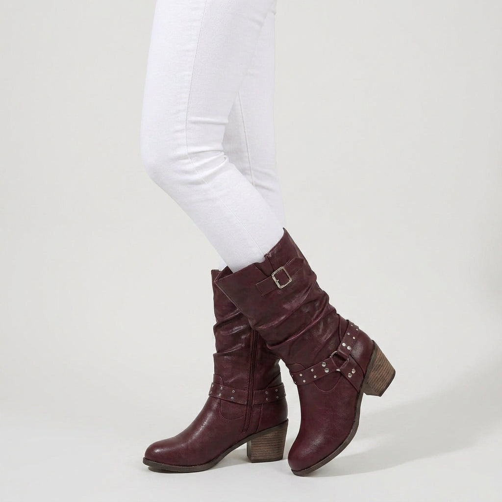 Bottes Motardes à Mi-Mollet à Brides Cloutées pour Femme