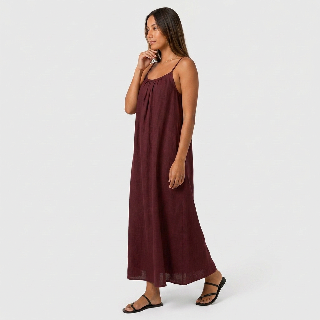 Robe Maxi Lin Bretelles Fines Encolure Froncée Coupe Ample Pour Femme