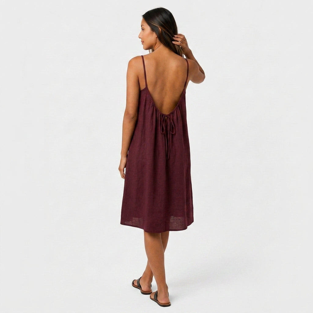 Robe Courte Lin Bretelles Fines Dos Nu Lacet Pour Femme