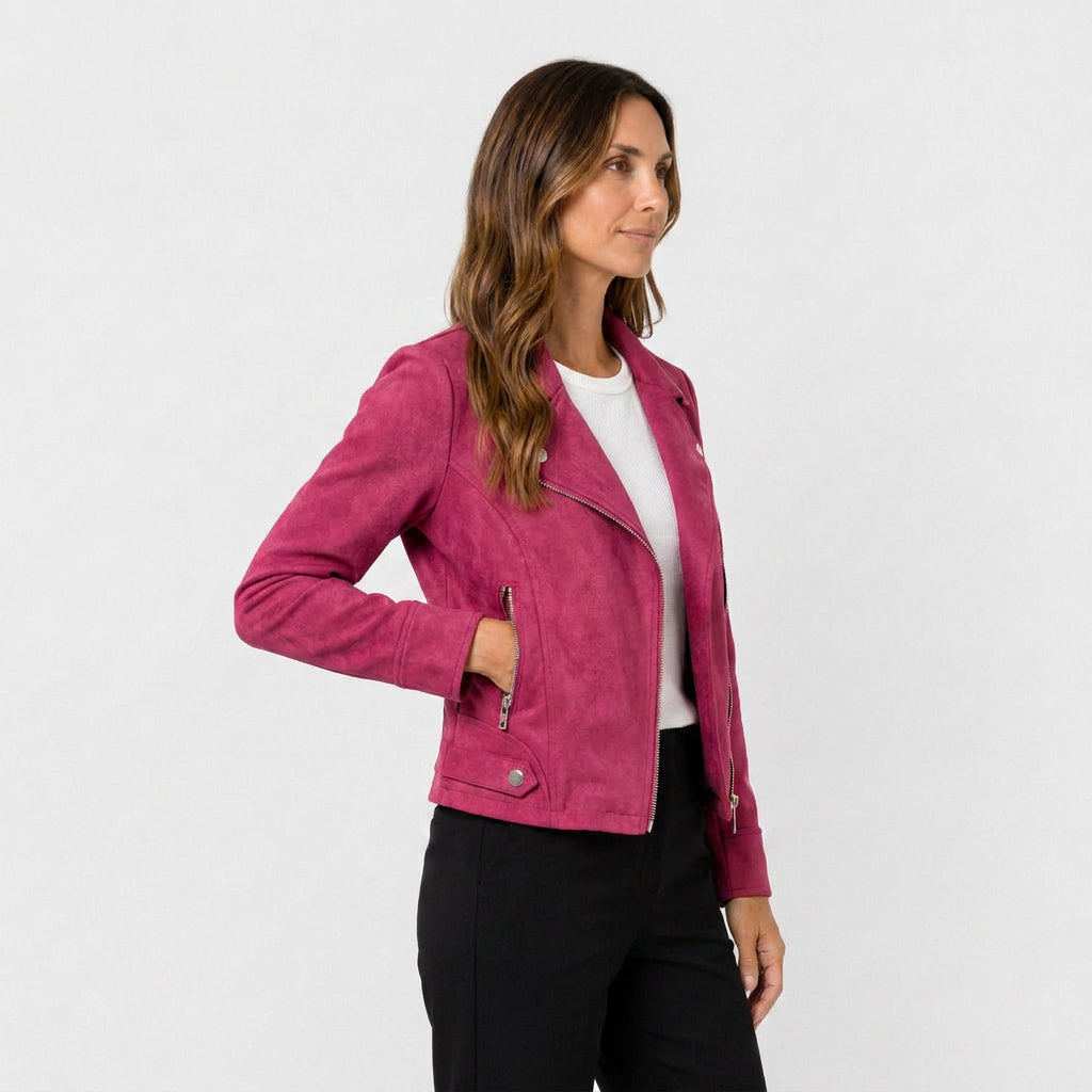 Veste Perfecto à Aspect Daim et Zip Asymétrique pour Femme
