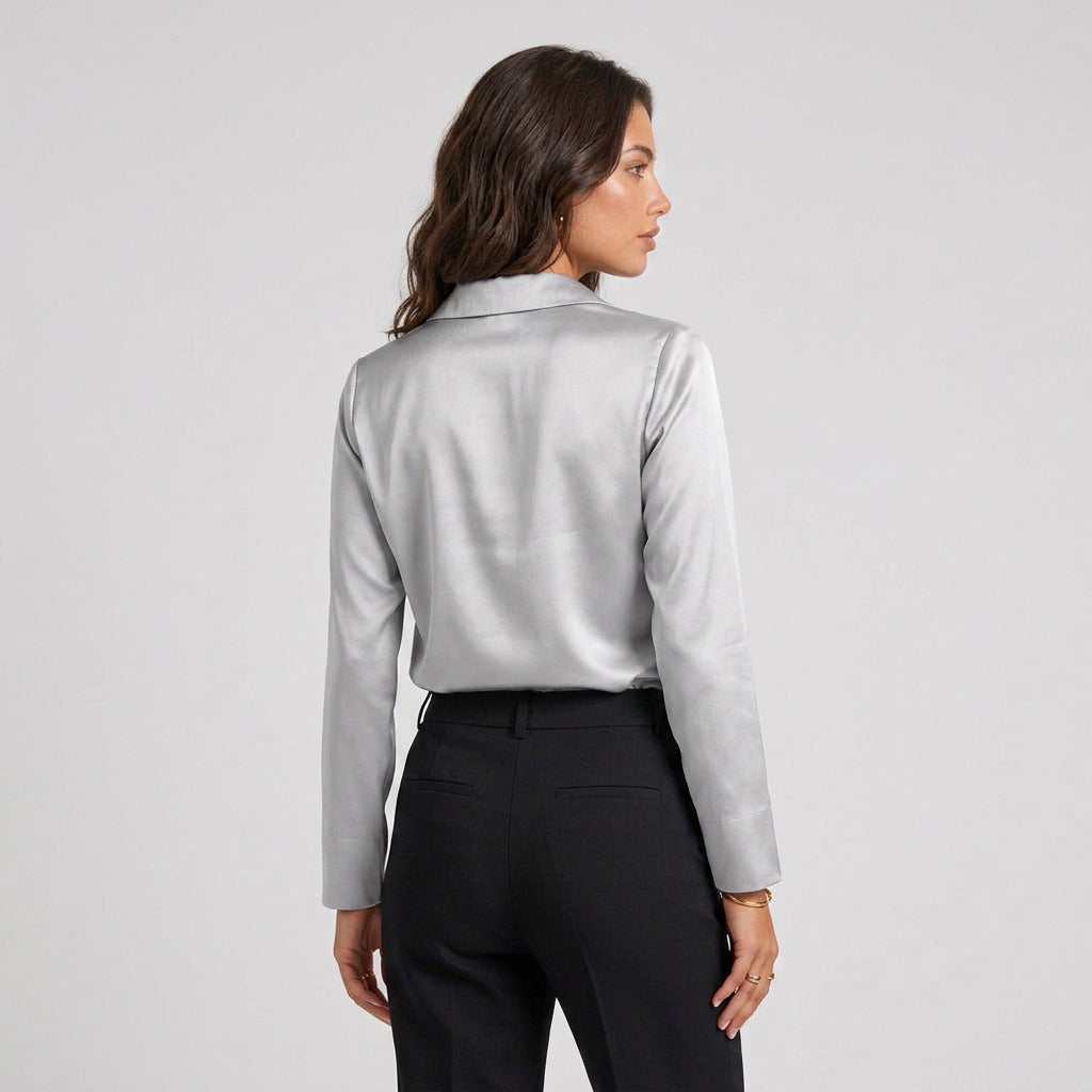 Blouse en Satin à Col Chemisier Drapé pour Femme