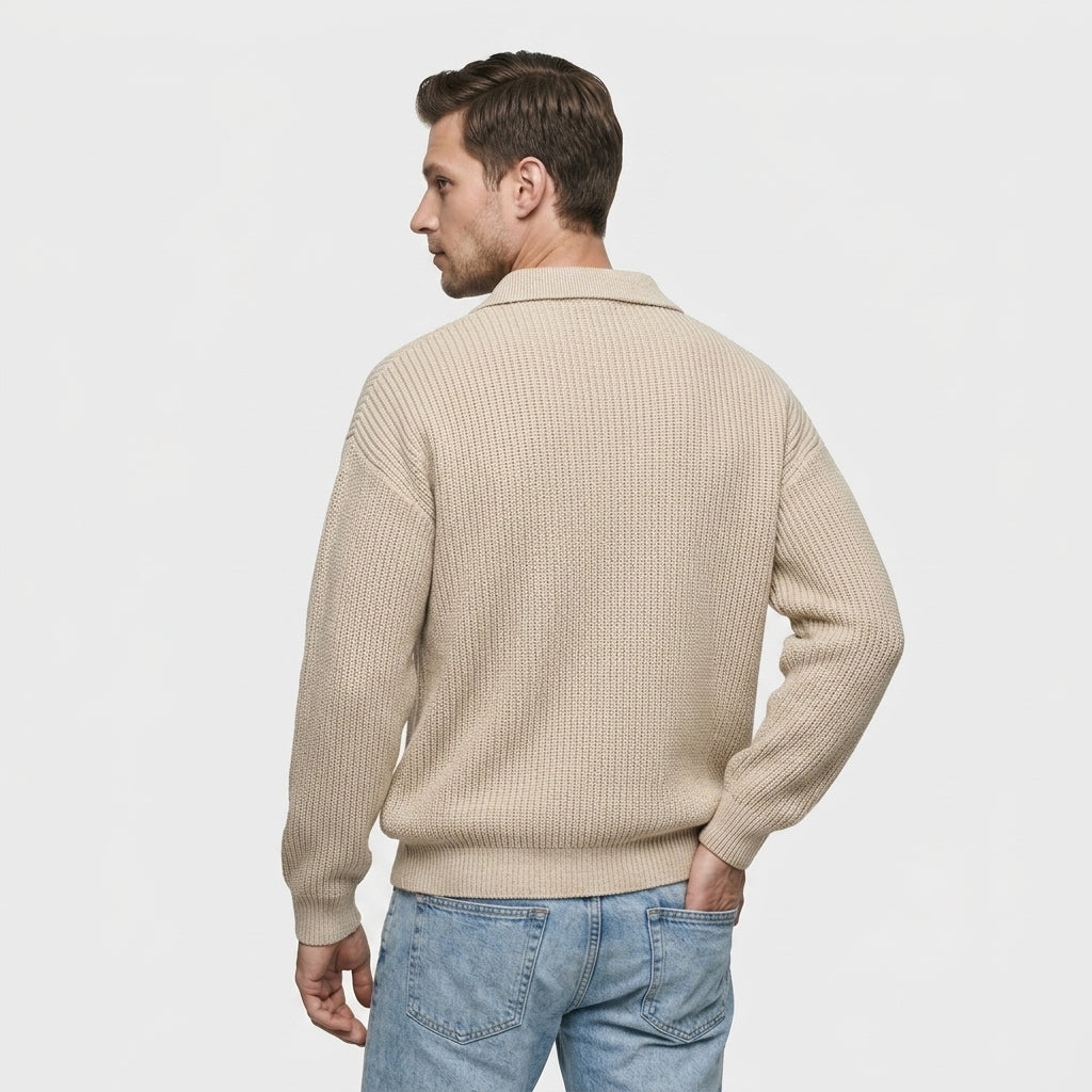 Pull Oversize à Col Polo Zippé en Maille Côtelée pour Homme