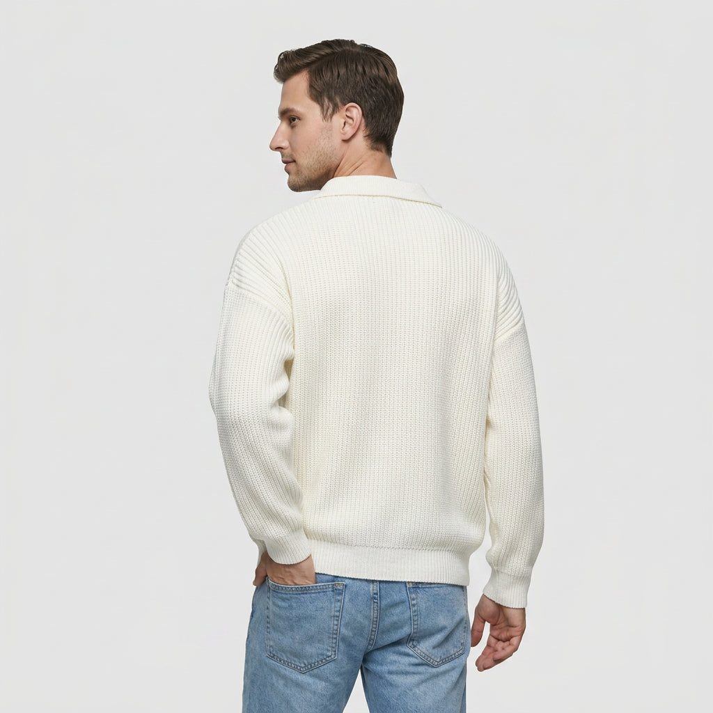 Pull Oversize à Col Polo Zippé en Maille Côtelée pour Homme